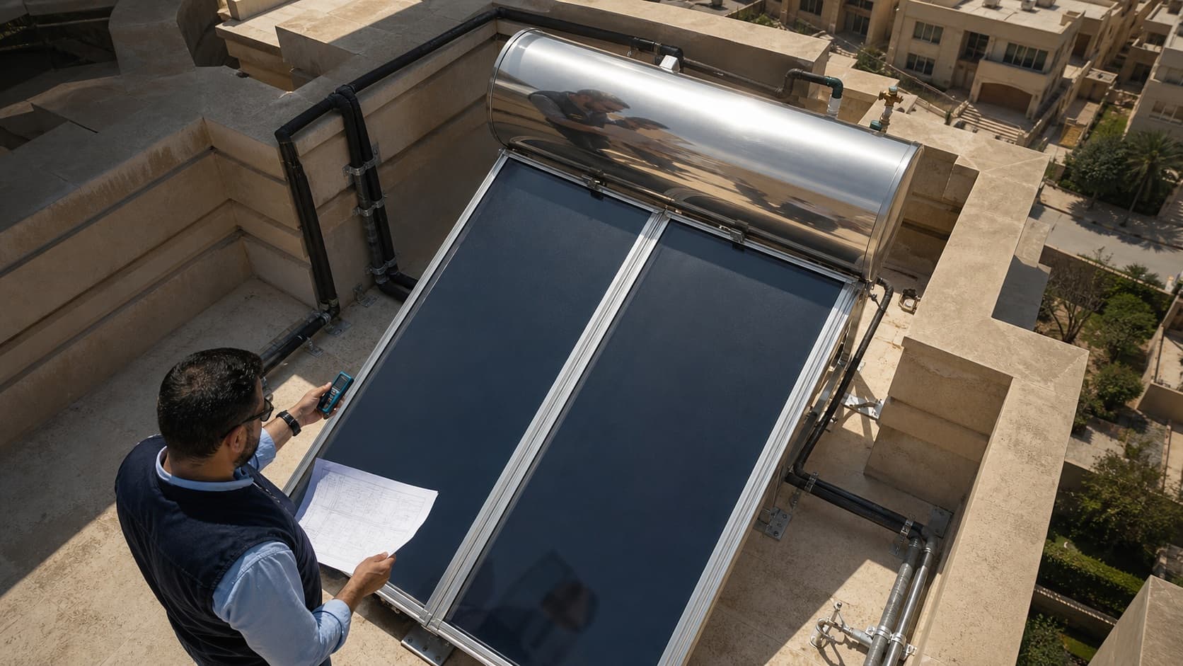 مهندس بيراجع مخطط ويقيس مكان تركيب سخان شمسي على السطح
