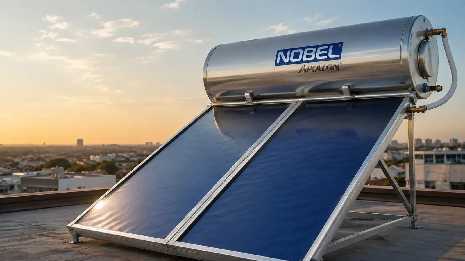 A Nobel solar heater on a rooftop with the city stretching behind it at sunset
