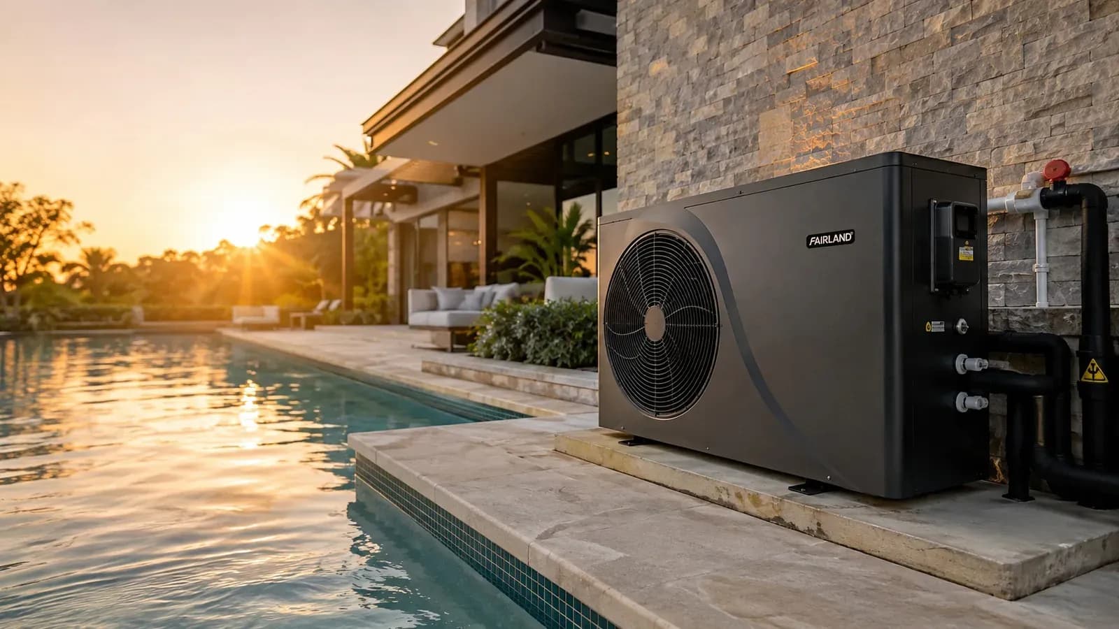A heat pump heating a private pool, installed as part of Aurora solutions