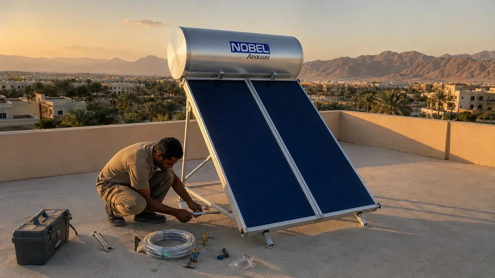 A technician adjusting a solar heater frame on a rooftop, tools beside him and a mountain behind