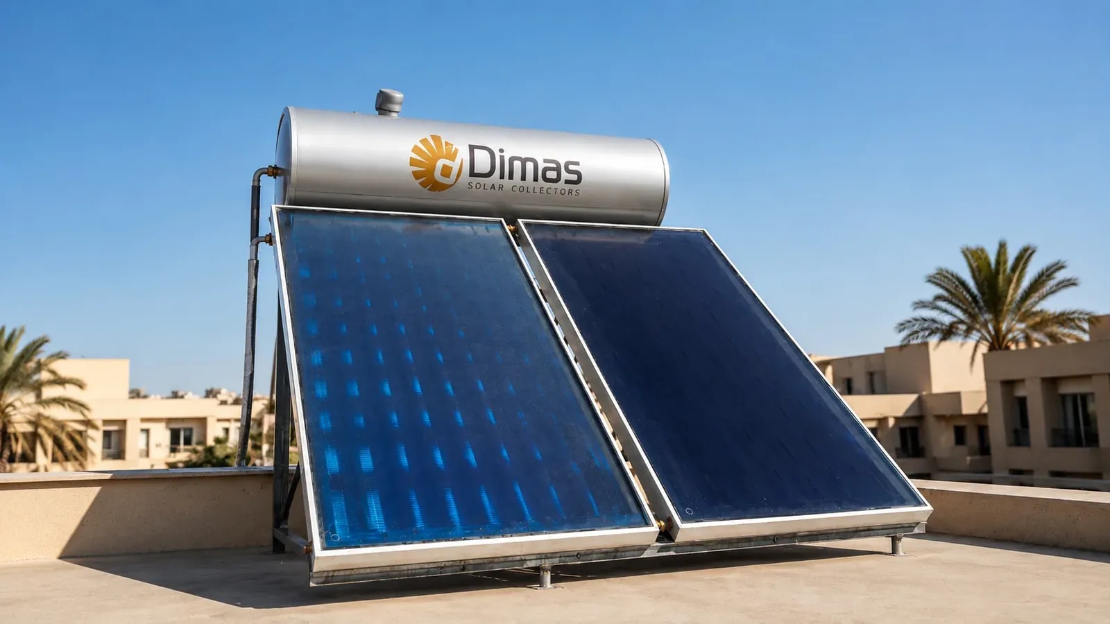 A Dimas solar water heater on a villa rooftop under a clear blue sky