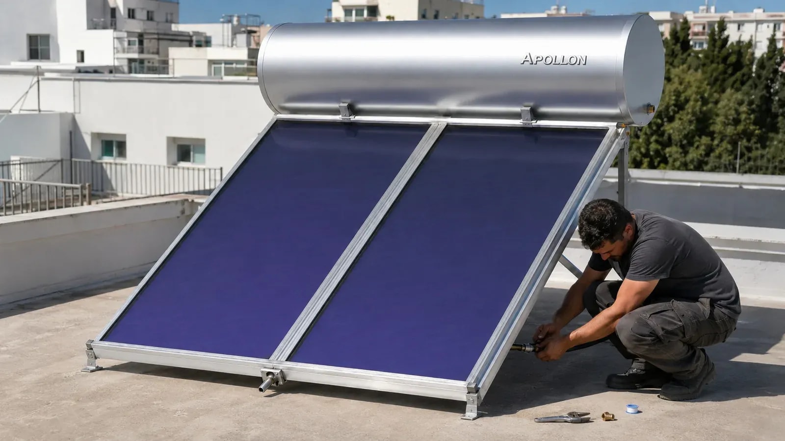 A technician working on a solar heater unit among residential buildings