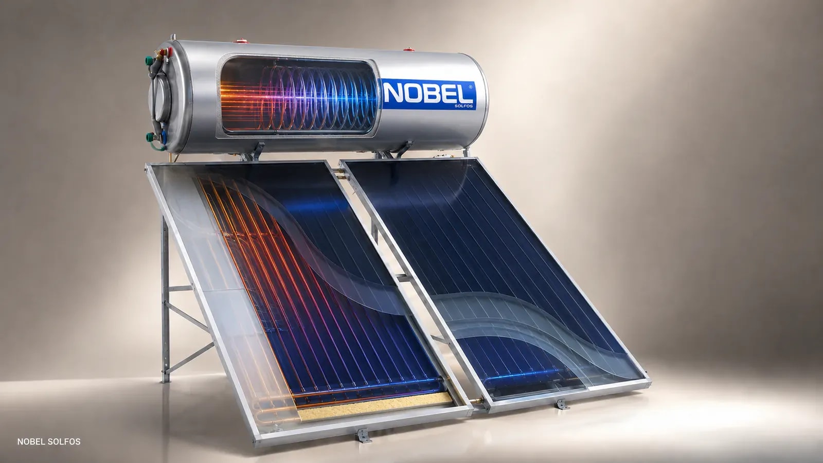 A Nobel Solfos tank with a glowing schematic overlay showing the hot water path through the panels and tank