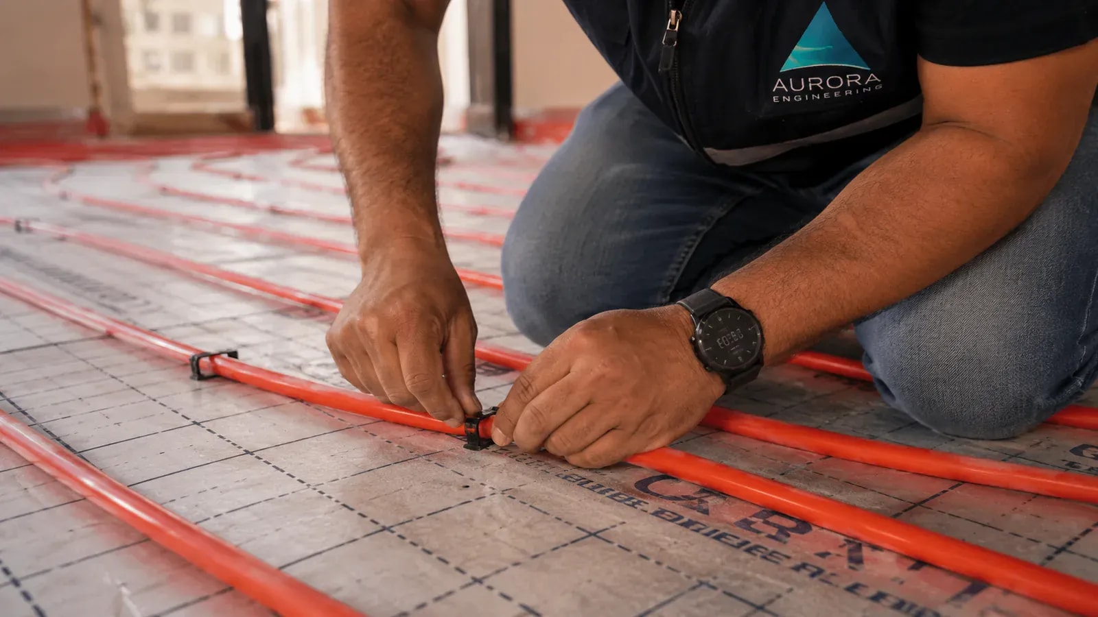 An Aurora technician fixing orange heating pipe onto the floor grid