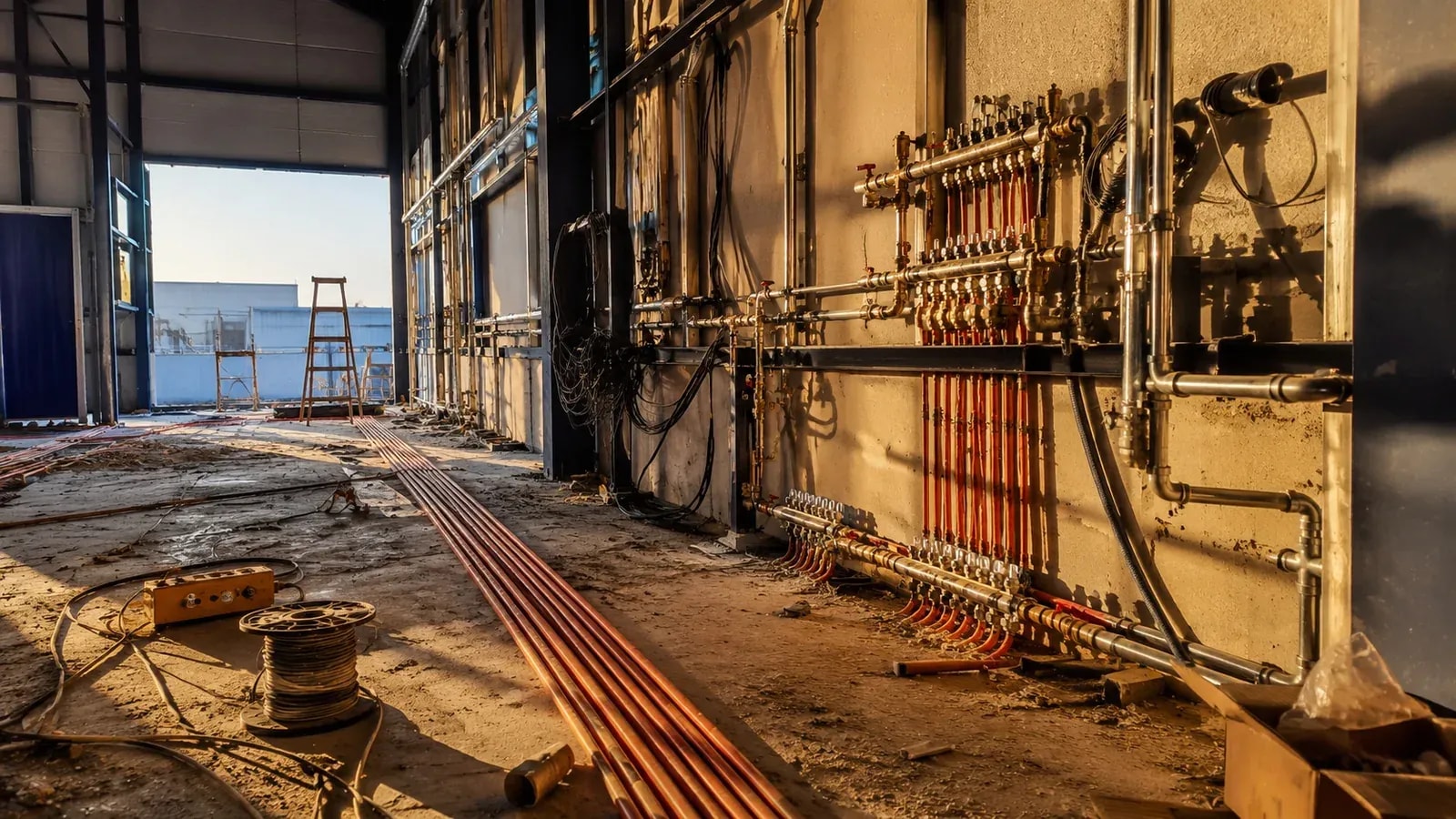 Copper distribution manifolds on a plant-room wall with copper pipe runs during execution