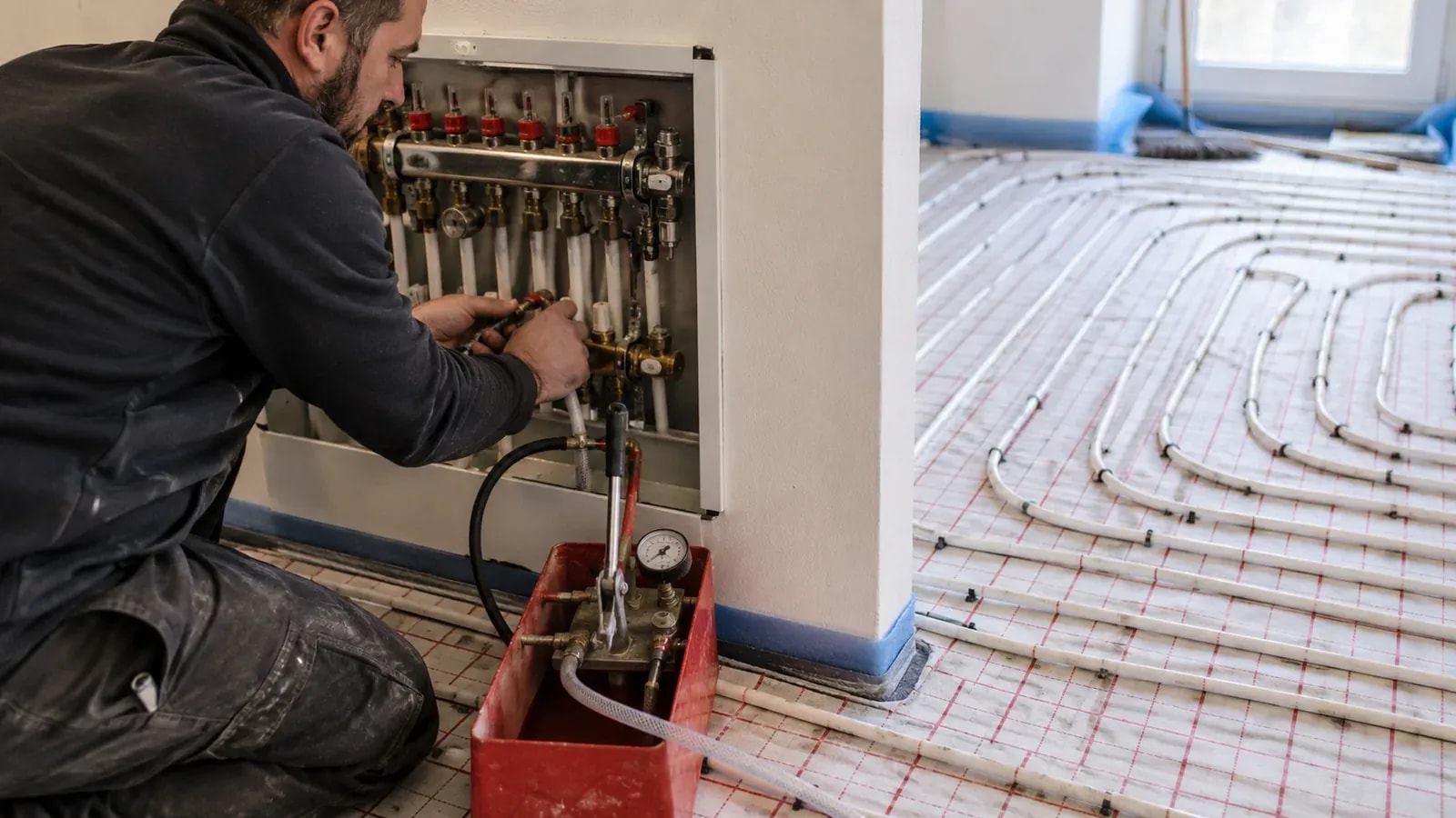 A technician performing a pressure test on the underfloor heating manifold with a red pressure-test kit, floor pipes visible behind him