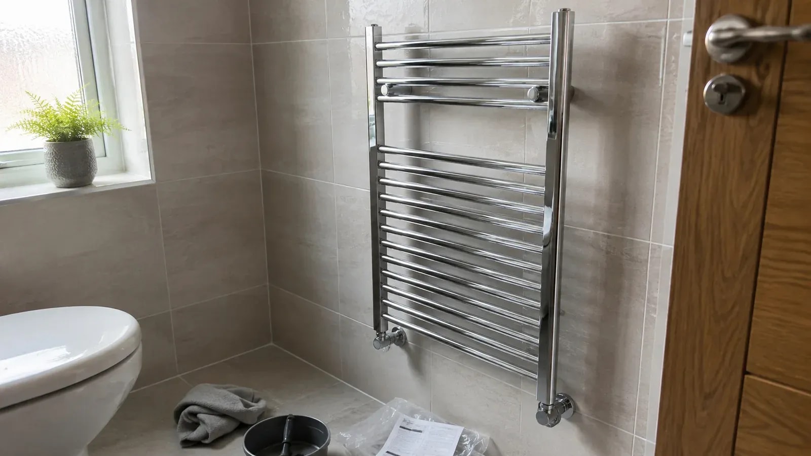 A chrome towel-warmer radiator in a bathroom next to the toilet and a window overlooking greenery.