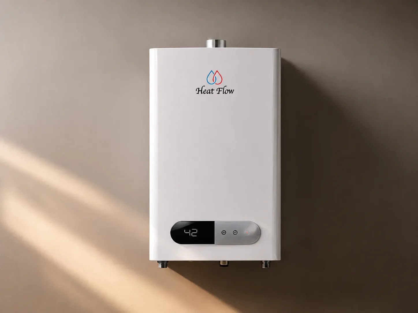 A Heat Flow instant gas water heater against a beige wall with slanted sunlight