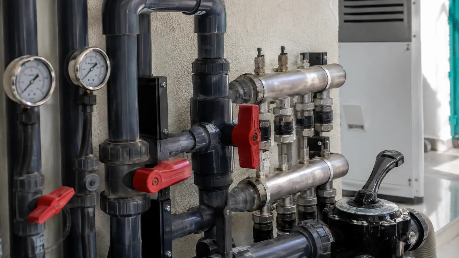 A close-up of a pipe manifold with pressure gauges and red valves inside a pool-heating plant room