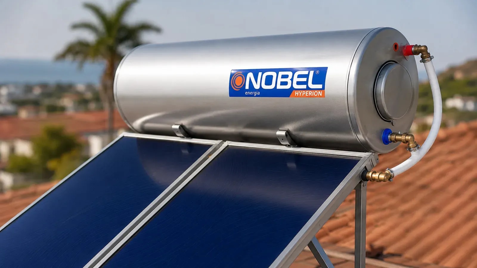 A Nobel Hyperion tank up close with a tiled-roof house and palms behind