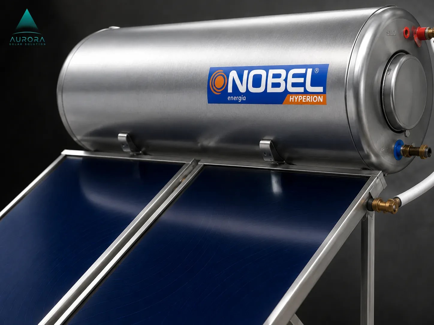 A Nobel Hyperion tank up close with its brass fittings above the solar panel