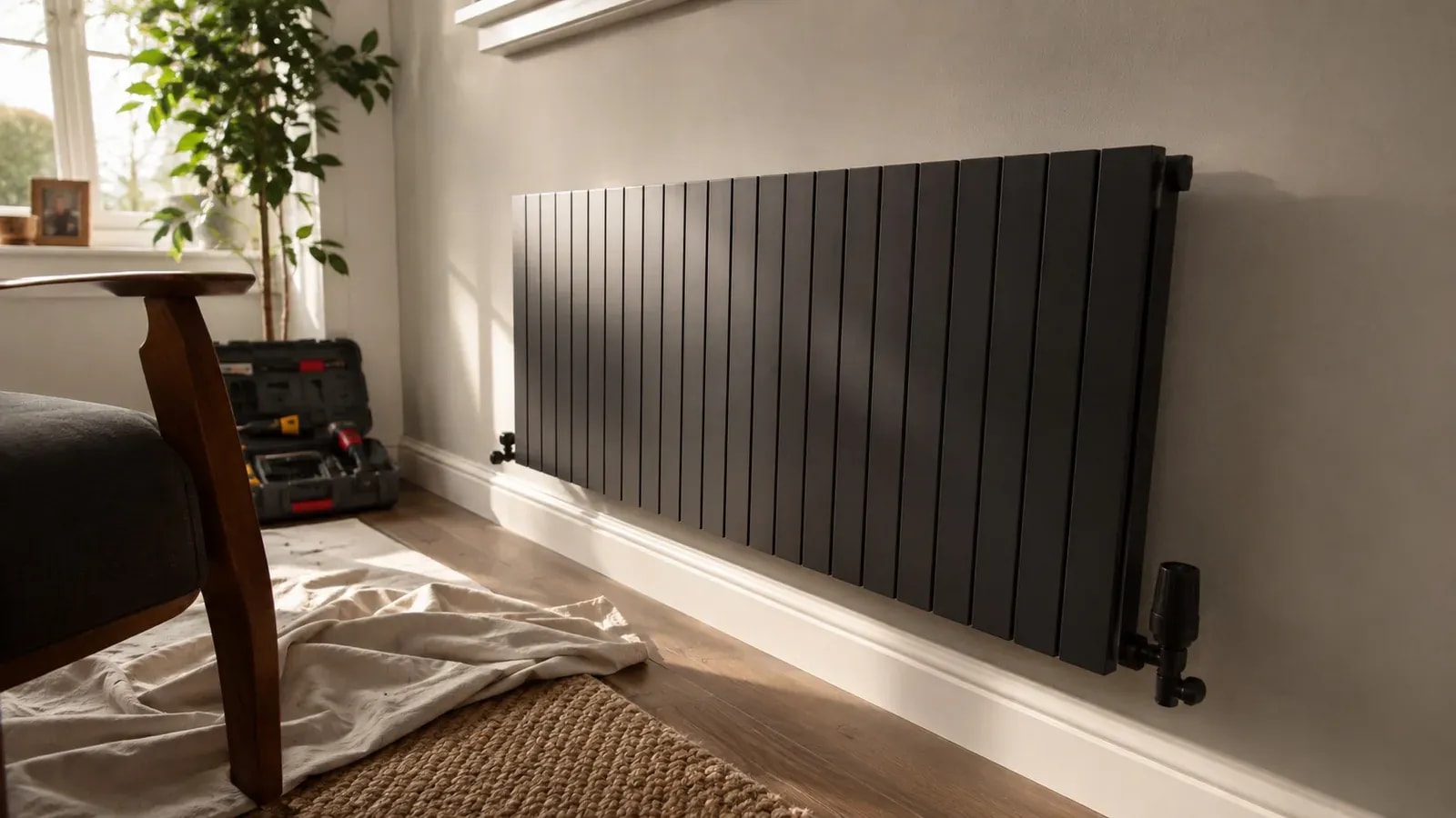 A dark grey panel radiator in a sunlit living room next to a wooden chair and a tool case.