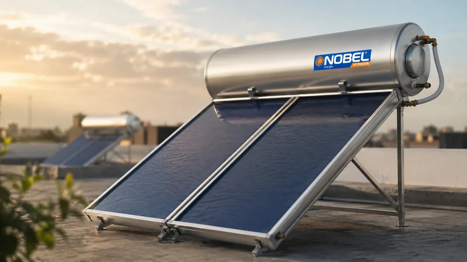 A Nobel solar heater on a rooftop with the city stretching behind