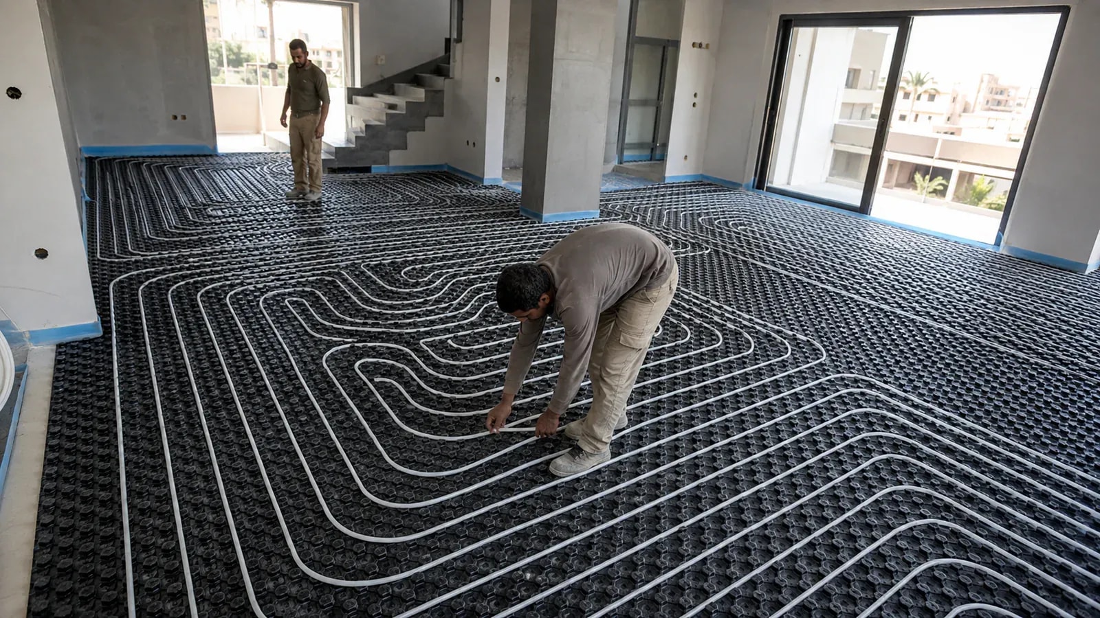 A technician crouching to lay heating pipes over black panels, a staircase behind