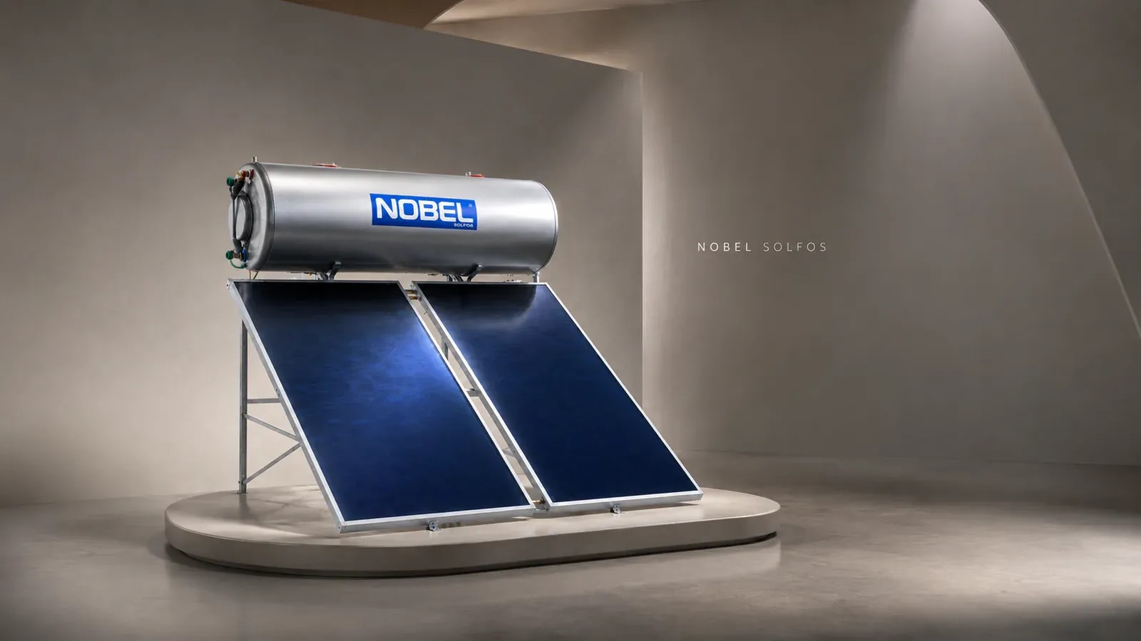 A Nobel Solfos tank on an oval platform in a beige studio with minimalist curved walls