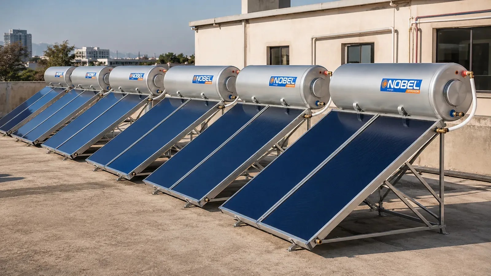 A row of Nobel solar units on the rooftop of a coastal tourist facility