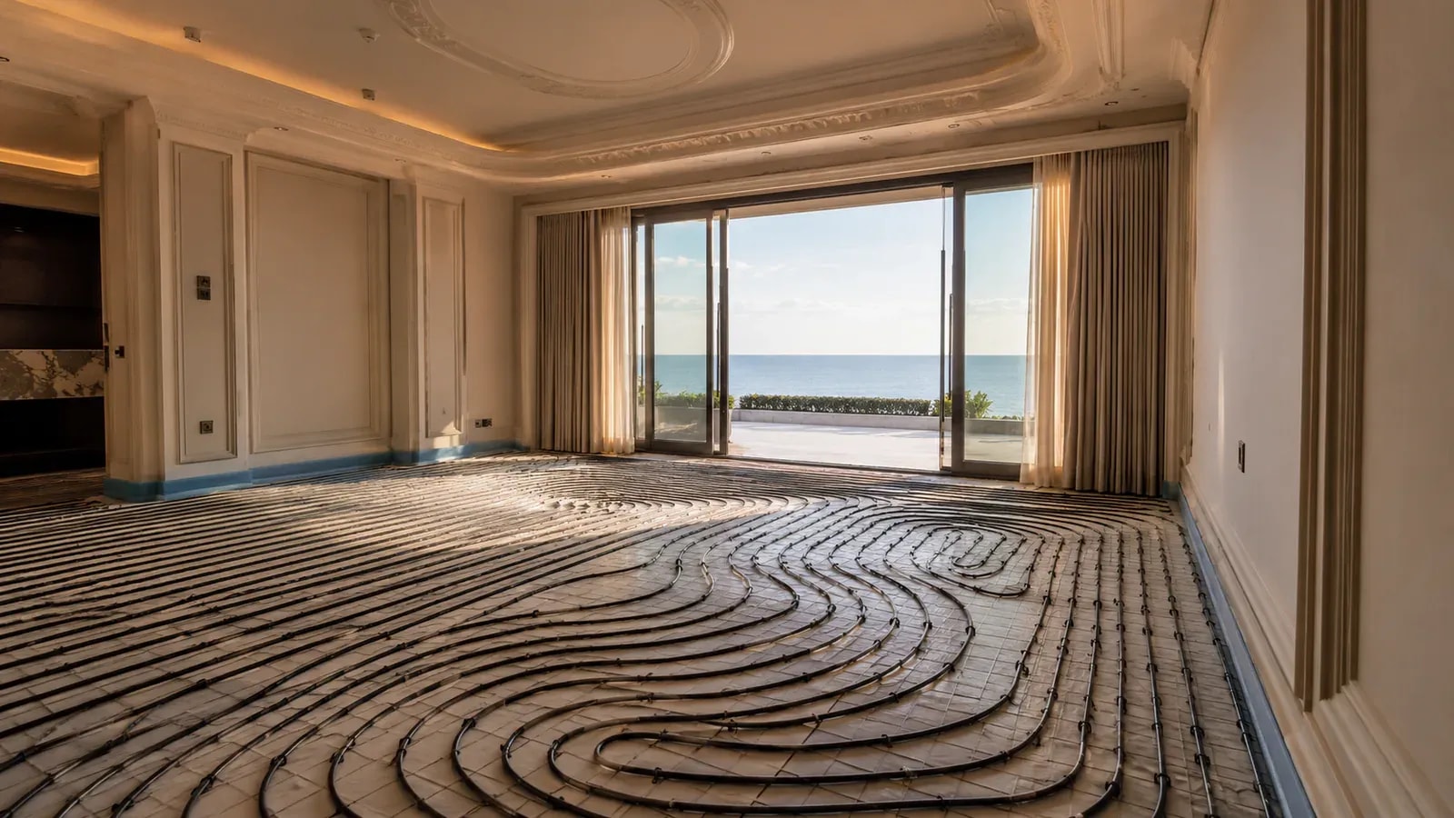 A grand sea-facing hall with circular underfloor heating pipes across it