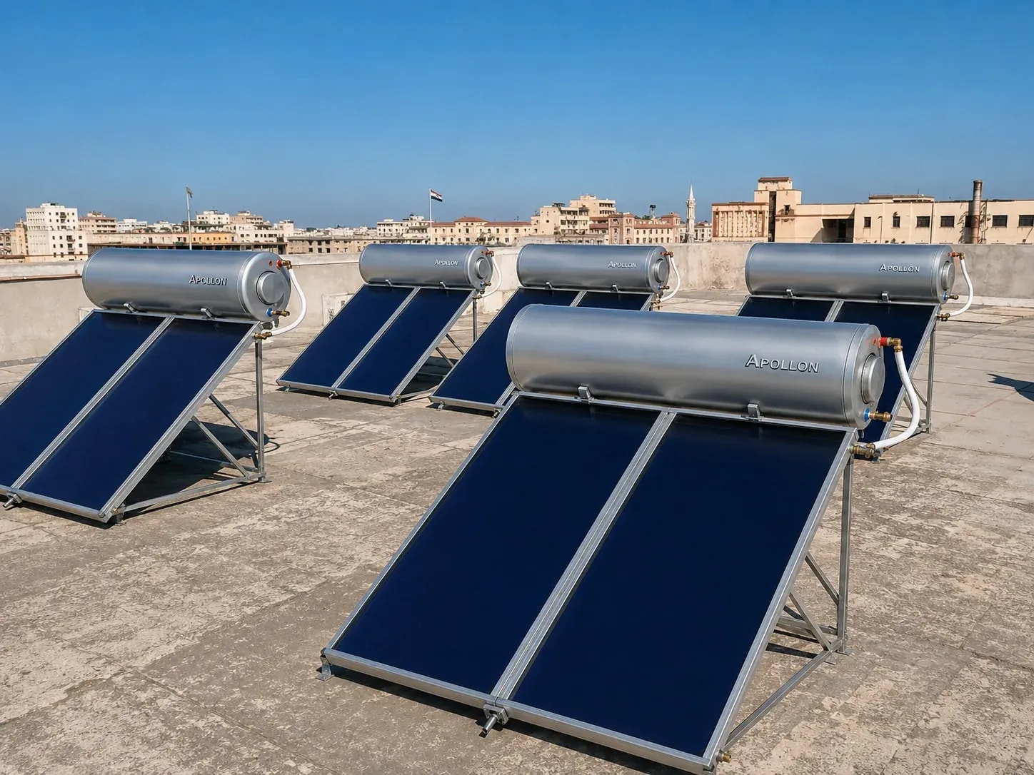 Apollon solar heaters on a rooftop with the city behind
