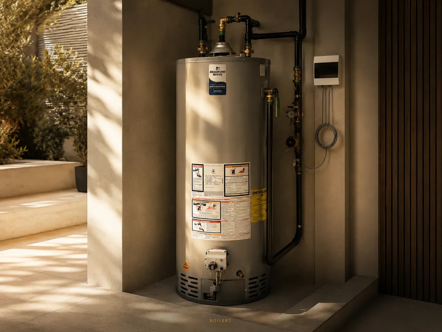 A Bradford White storage gas boiler installed in an outdoor corner of a villa with visible warning labels