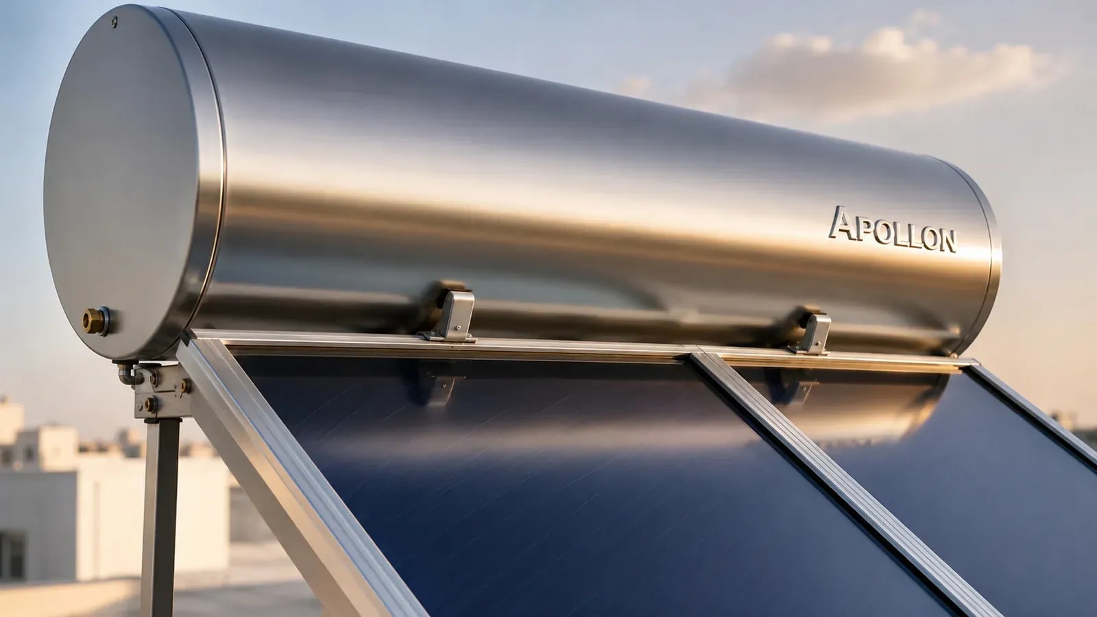 An Apollon tank up close above a solar collector
