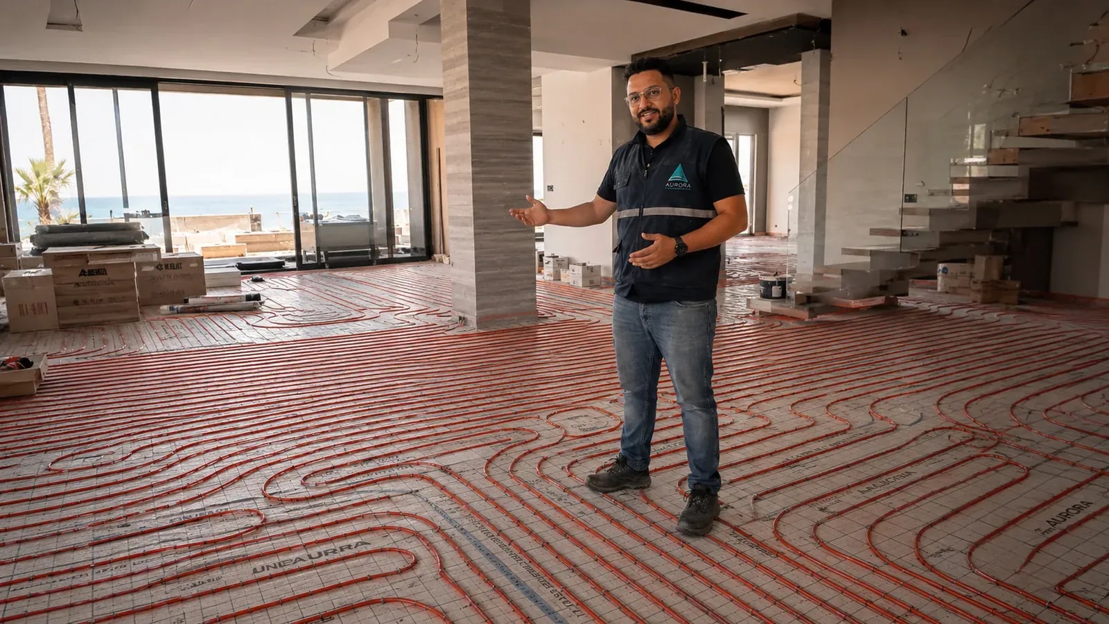 An Aurora technician standing in a sea-view villa hall with the floor entirely laid out in red underfloor-heating pipe