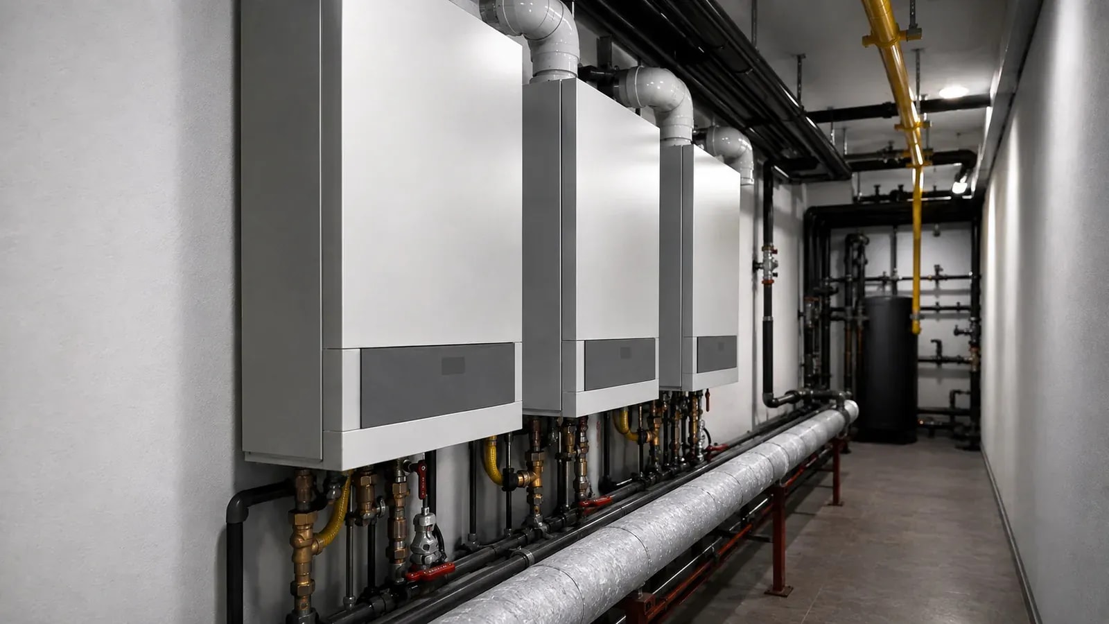 Three white boilers lined up in a facility corridor alongside an insulated pipe run and a storage tank.