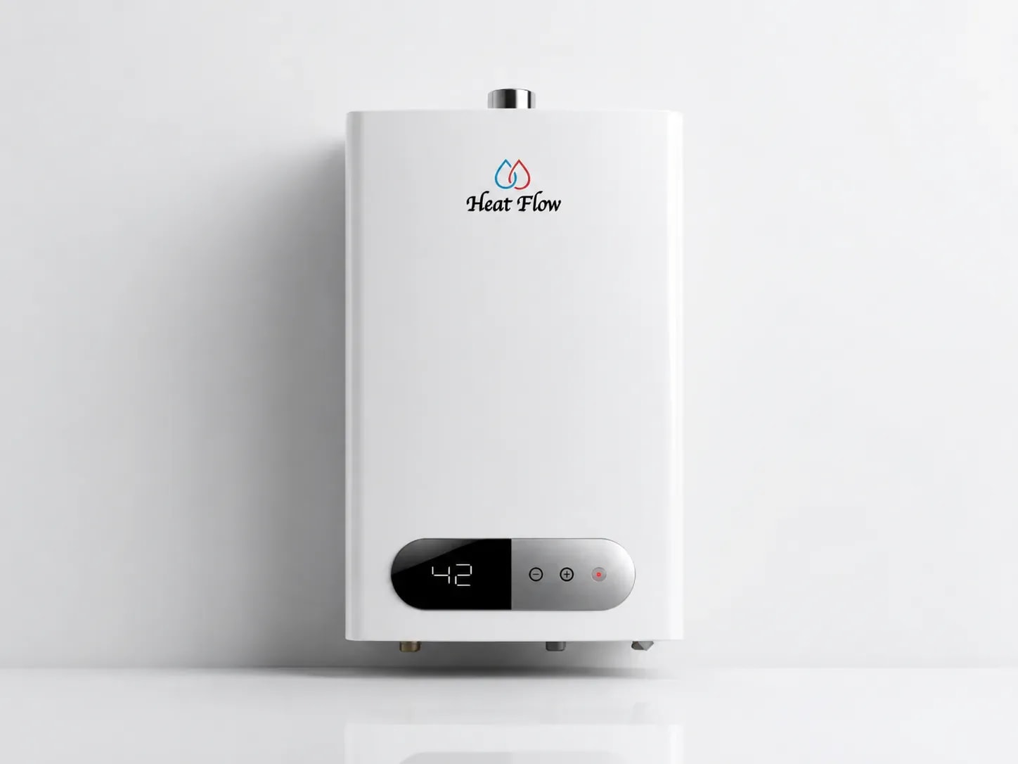 A white Heat Flow instant gas water heater with a digital display reading 42 degrees on a plain studio background