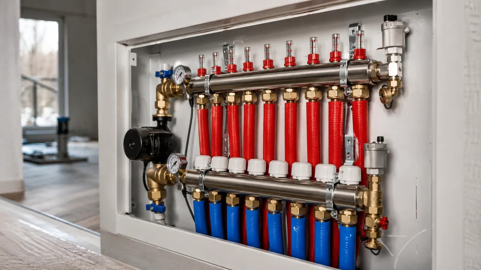 A manifold with red and blue valves and a pump inside a wall niche