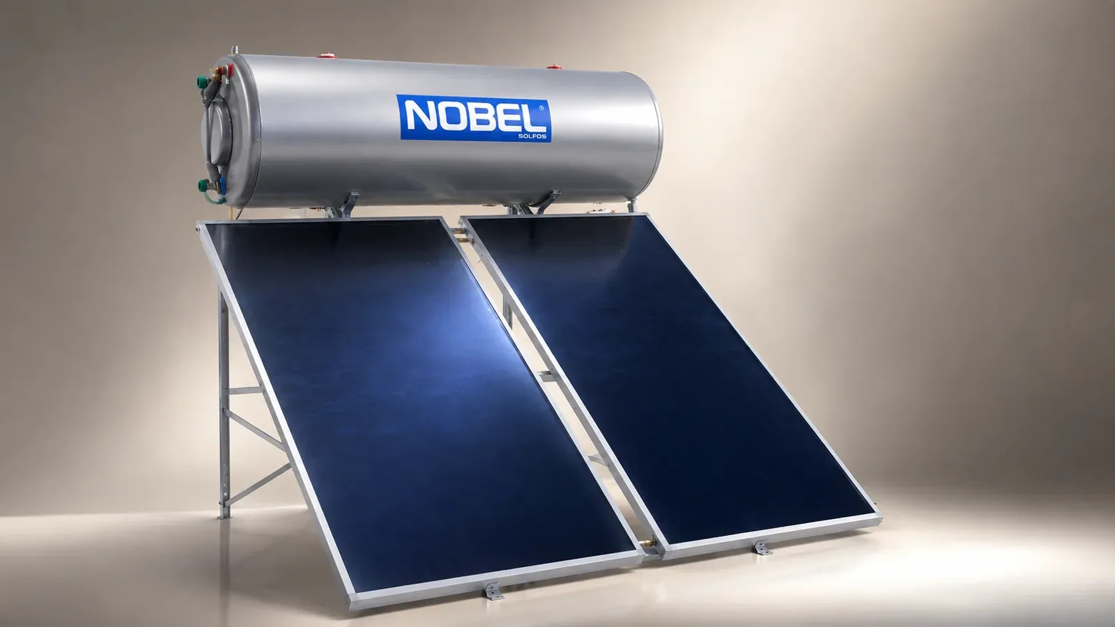 A Nobel Solfos tank with two panels in a warm beige studio backdrop