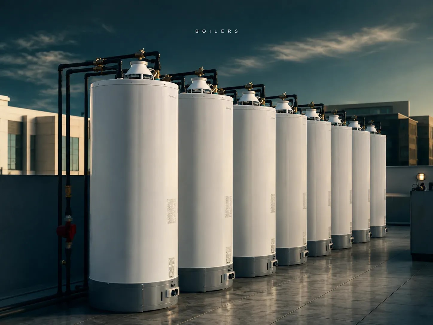 A row of white storage gas boilers installed on a commercial rooftop with distribution piping