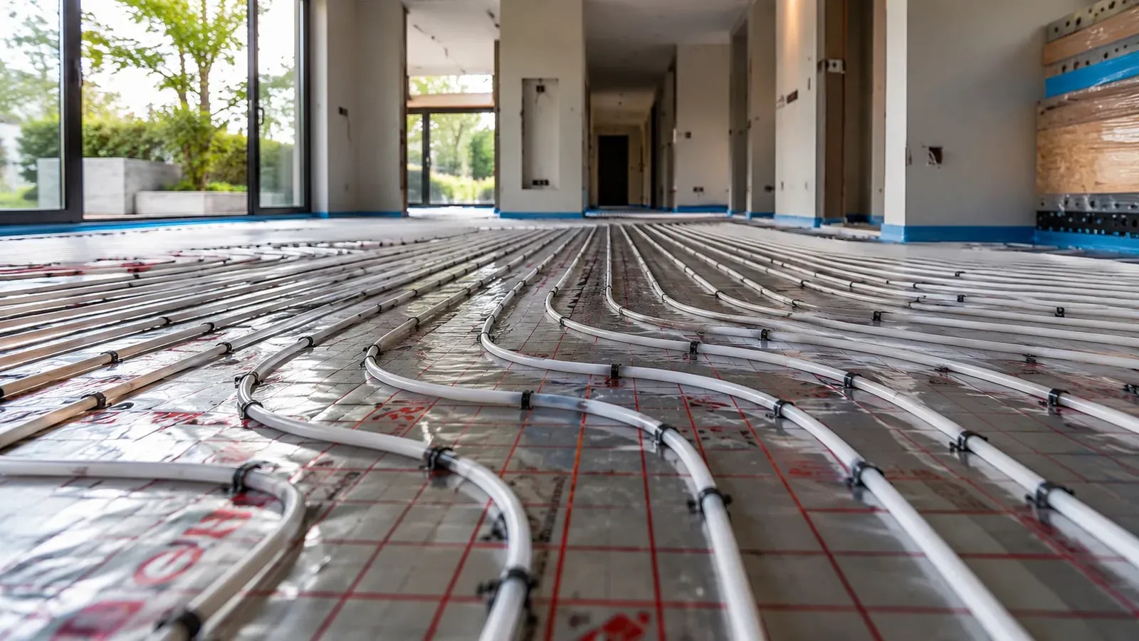A long corridor in a villa under construction, its entire floor laid with underfloor heating pipe over silver foil insulation