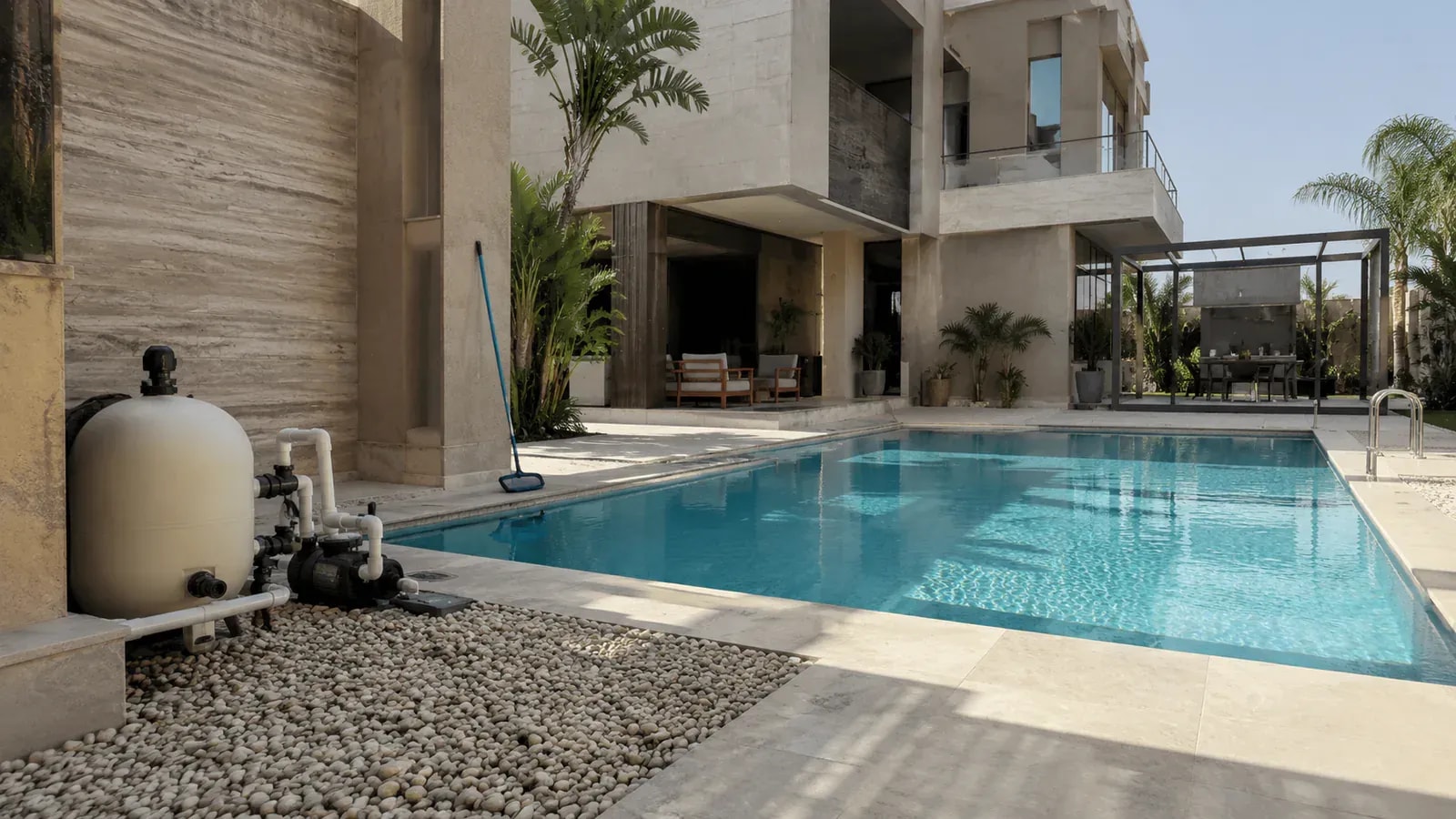 A white filter tank and black pump for pool heating beside a modern villa, set in a pebble bed